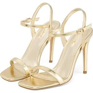 Elisabet Tang Womens Size 7.5 Shiny Gold 4.5" High Heel Open Toe Sandal Shoes